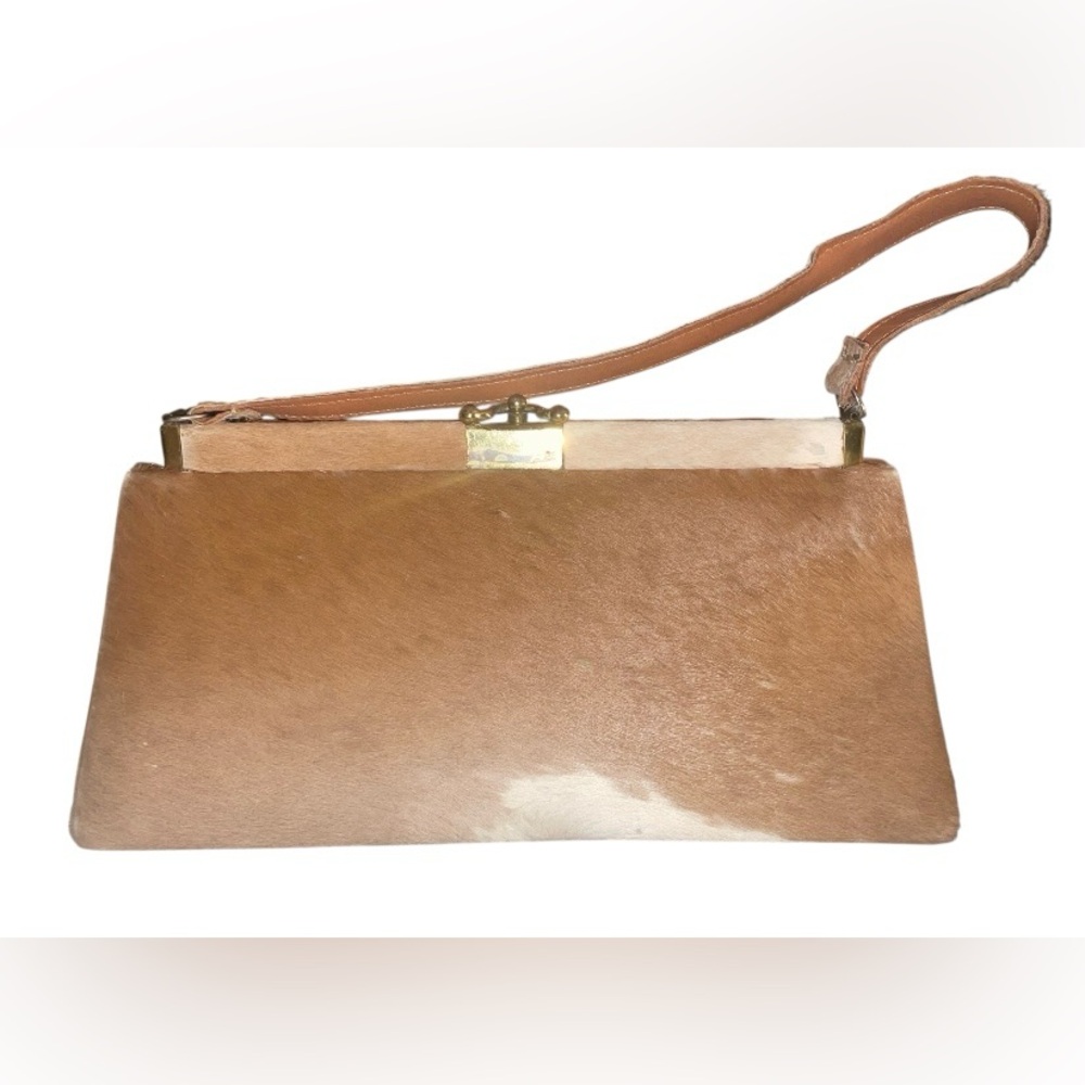 Vintage Brown White Cowhide Fur Handbag Purse Snap Clutch